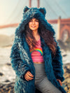 Brunette Model Weating Classic Water Wolf Faux Fur Coat Over Pink Rainbow Tee