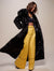 Woman wearing Classic Black Wolf Faux Fur Long Coat, front view 1