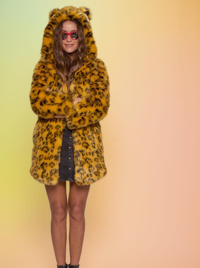 Woman wearing Yellow Cheetah Classic Faux Fur Coat