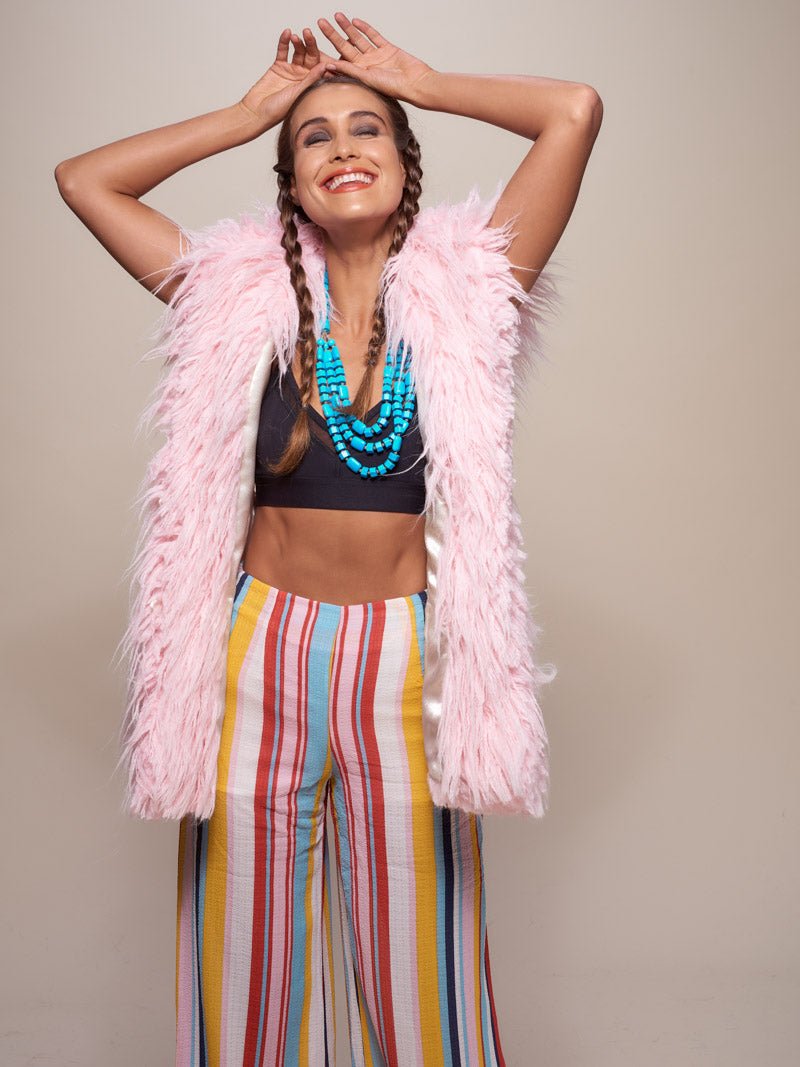 Woman wearing Flamingo Faux Fur Vest, front view 1