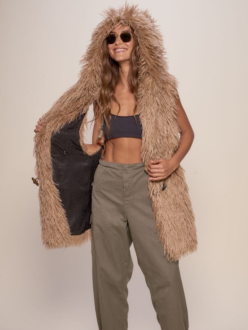 Exterior and Interior View of Tan Alpaca Faux Fur Vest