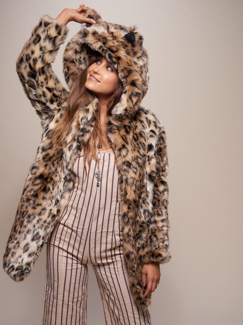 SpiritHoods Luxe Faux Fur Womens Coat With Hood Ears Classic Leopard