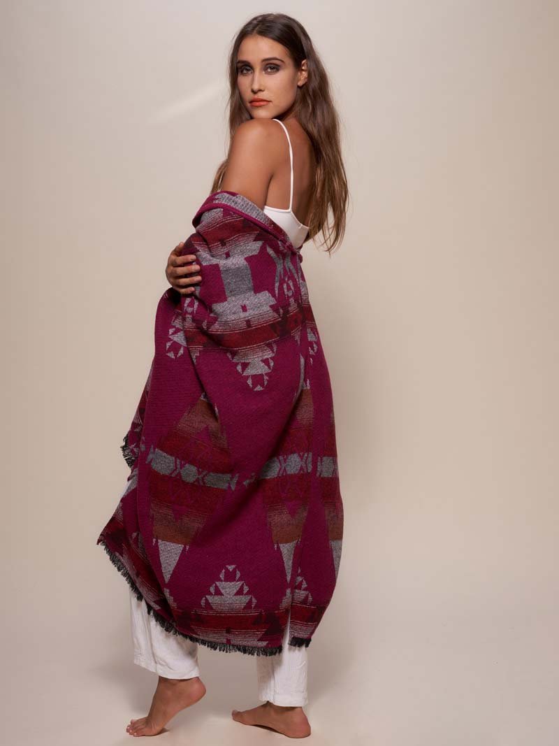 Woman wearing Grey Fox Fabric Poncho, side view