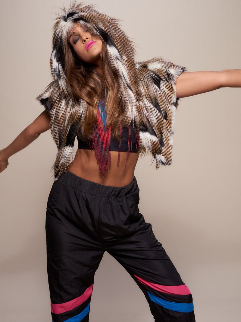 Woman wearing faux fur Falcon Shawl SpiritHood, front view 1