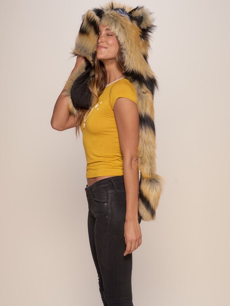 Woman wearing Caspian Tiger Collector Edition Faux Fur Hood, side view 1