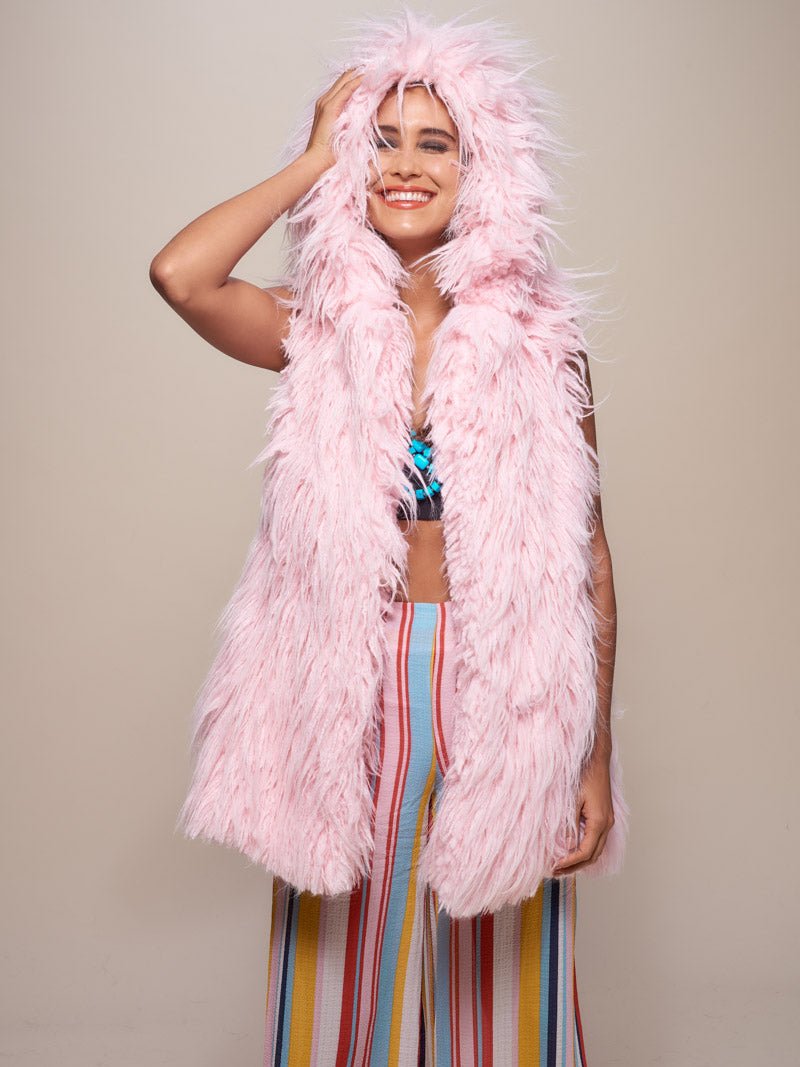 Woman wearing Flamingo Faux Fur Vest, front view