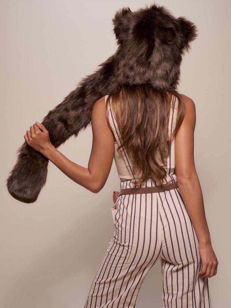 Woman wearing Brown Bear Faux Fur SpiritHood, back view