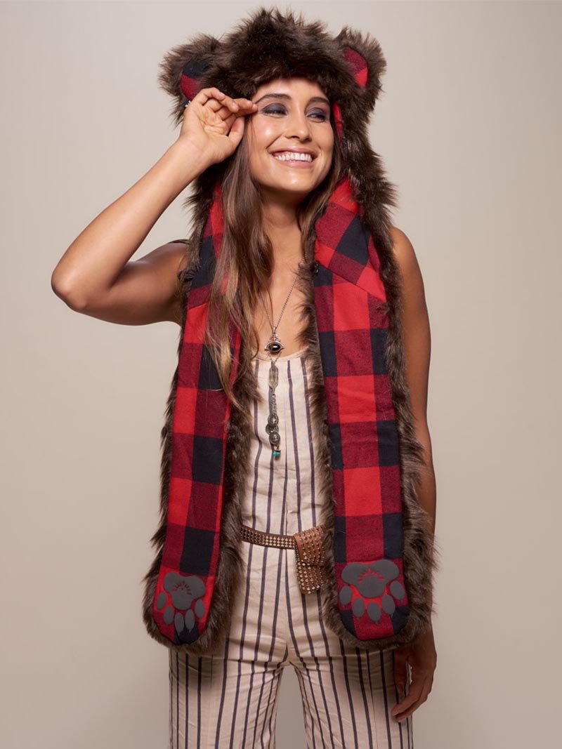 Woman wearing Brown Bear Faux Fur SpiritHood, front view