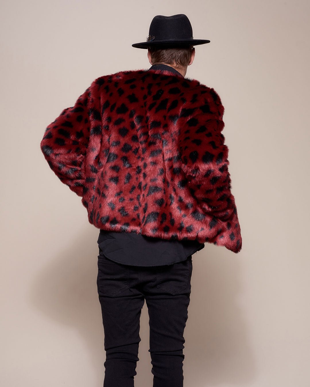 Men's Faux Fur Bomber Jacket with Wild Cat Design