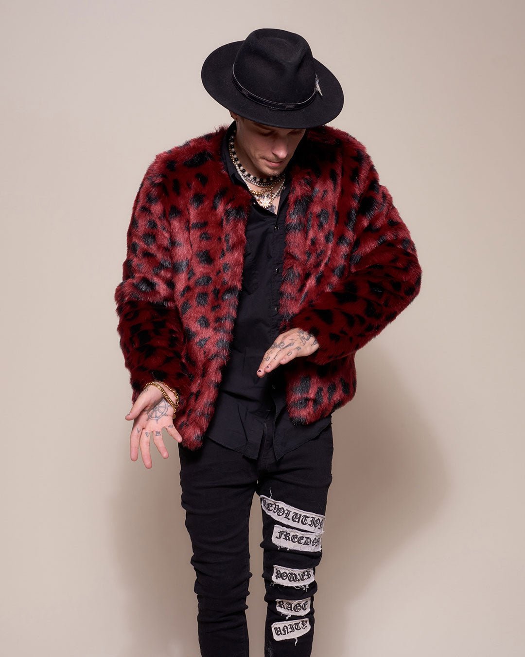 Male Wearing Wild Cat Faux Fur Bomber Jacket  