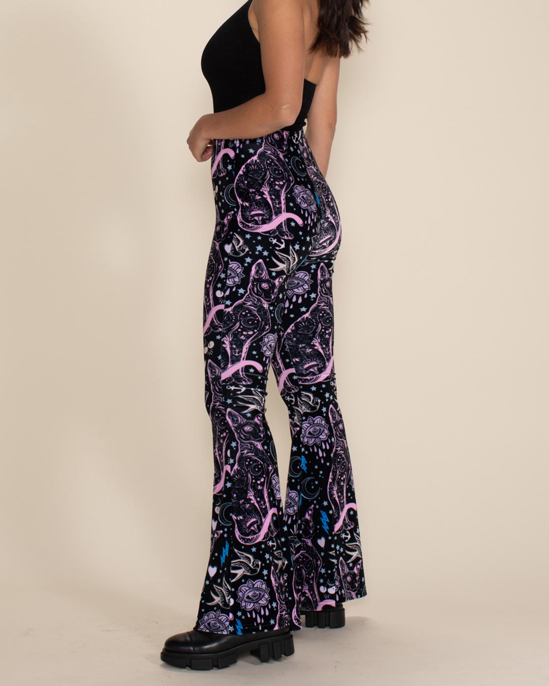 Women's Velvet Flare Pant | Black and Pink Sailor Kitty