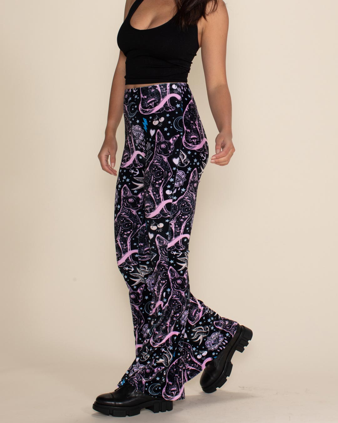 Women's Velvet Flare Pant | Black and Pink Sailor Kitty