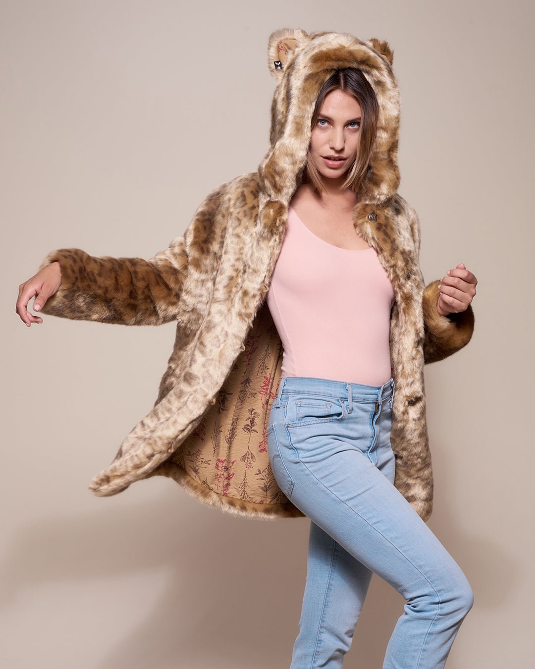 Woman wearing African Golden Cat Luxe Classic Faux Fur Coat, front view 6