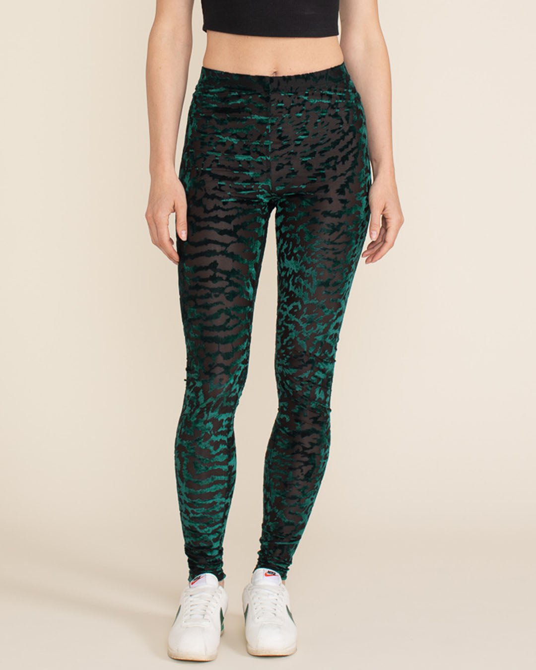 Women's Velvet Leggings | Emerald Green Burnout Tiger