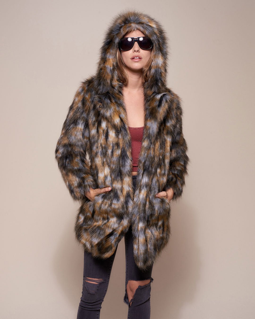 Brindle Wolf Hooded Faux Fur Coat on Female Model