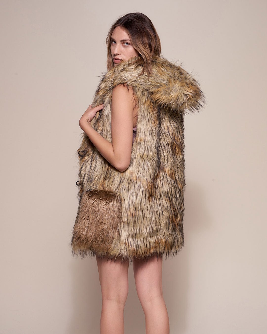 Golden Jackal Faux Fur Vest with Hood