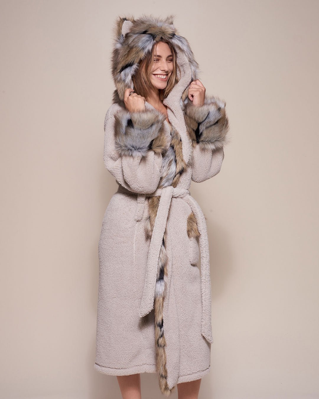 Woman wearing Wolverine Classic Faux Fur Robe, side view 1