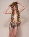 Woman wearing Javan Leopard Faux Fur Hood, front view 1