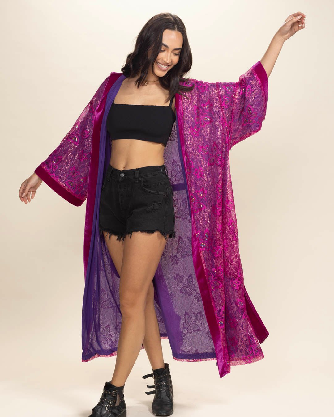 Women's Festival Kimono | Metallic Pink Butterfly