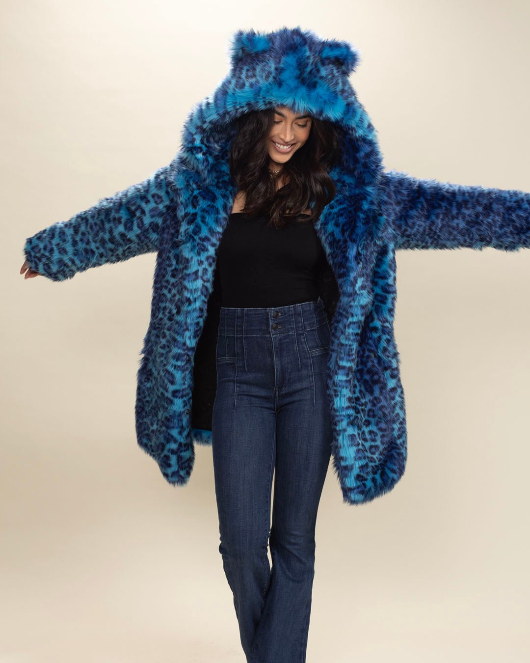 Colorful Faux Fur Coat Womens Electric Blue Lynx SpiritHoods