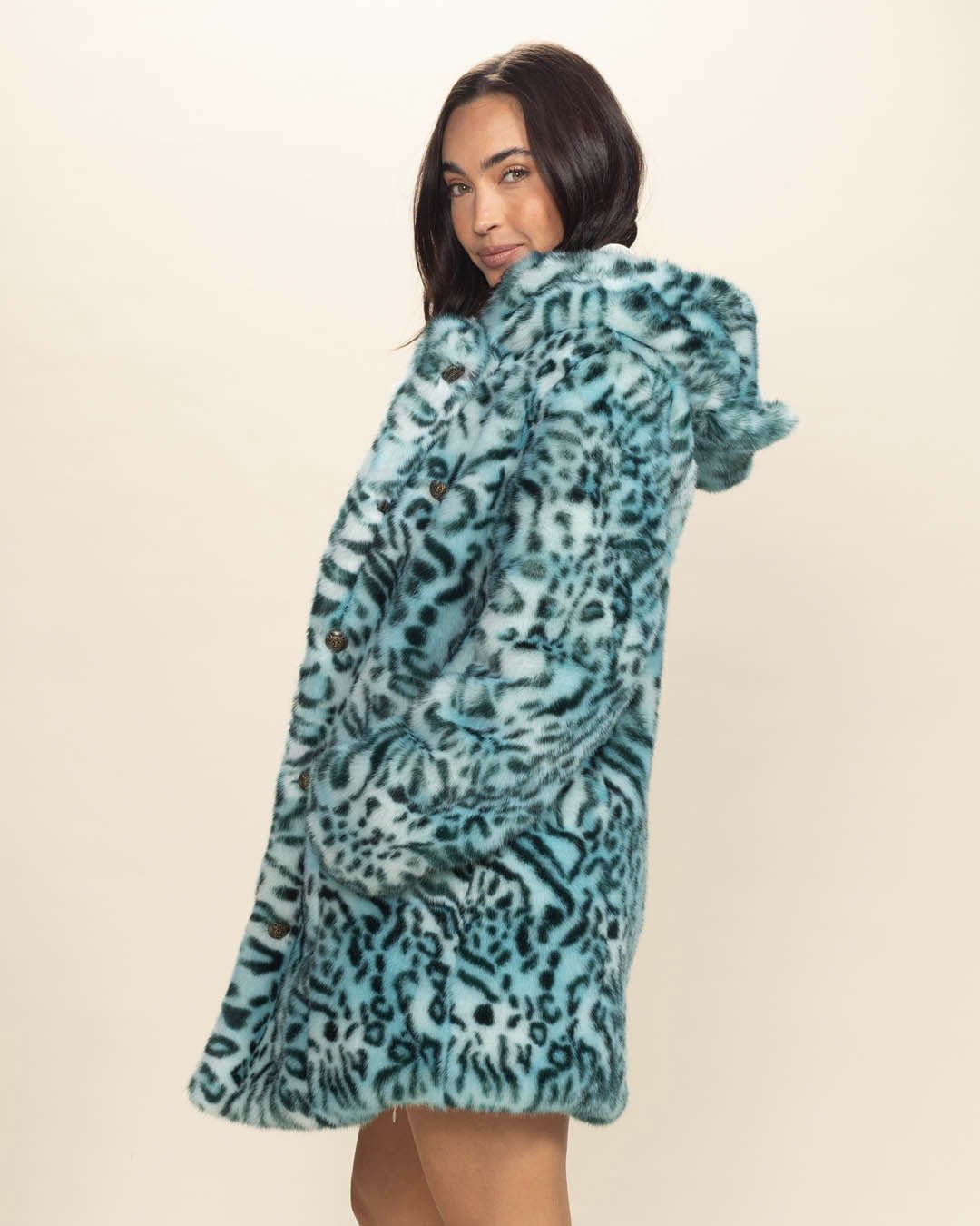 SpiritHoods Light Blue Animal Print Faux Fur Womens Coat