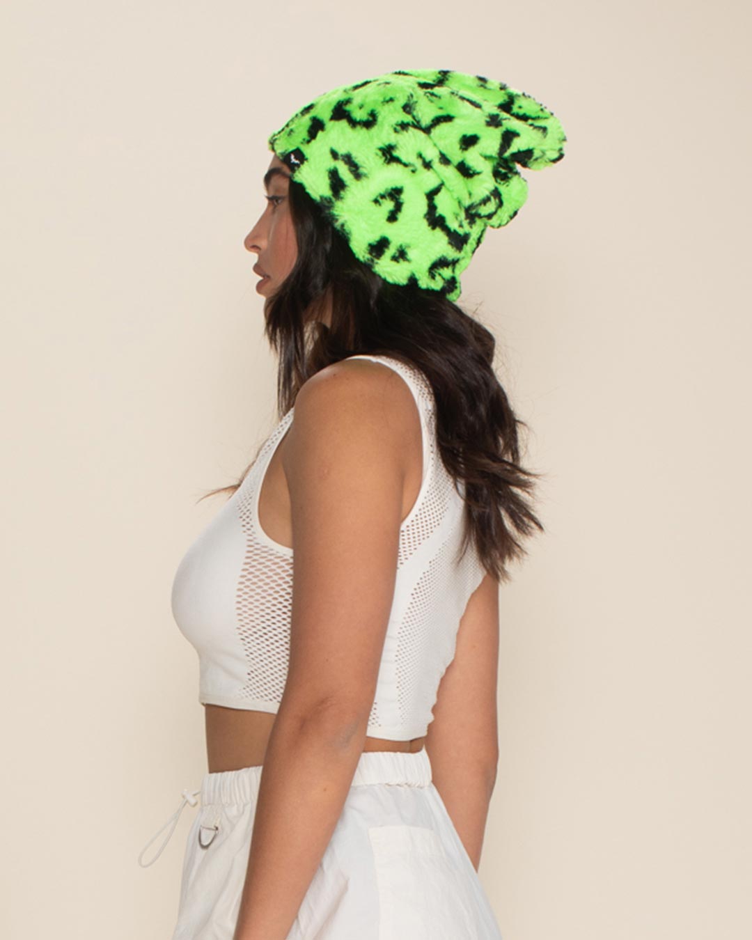 Neon Green Leopard Faux Fur Beanie | Women's