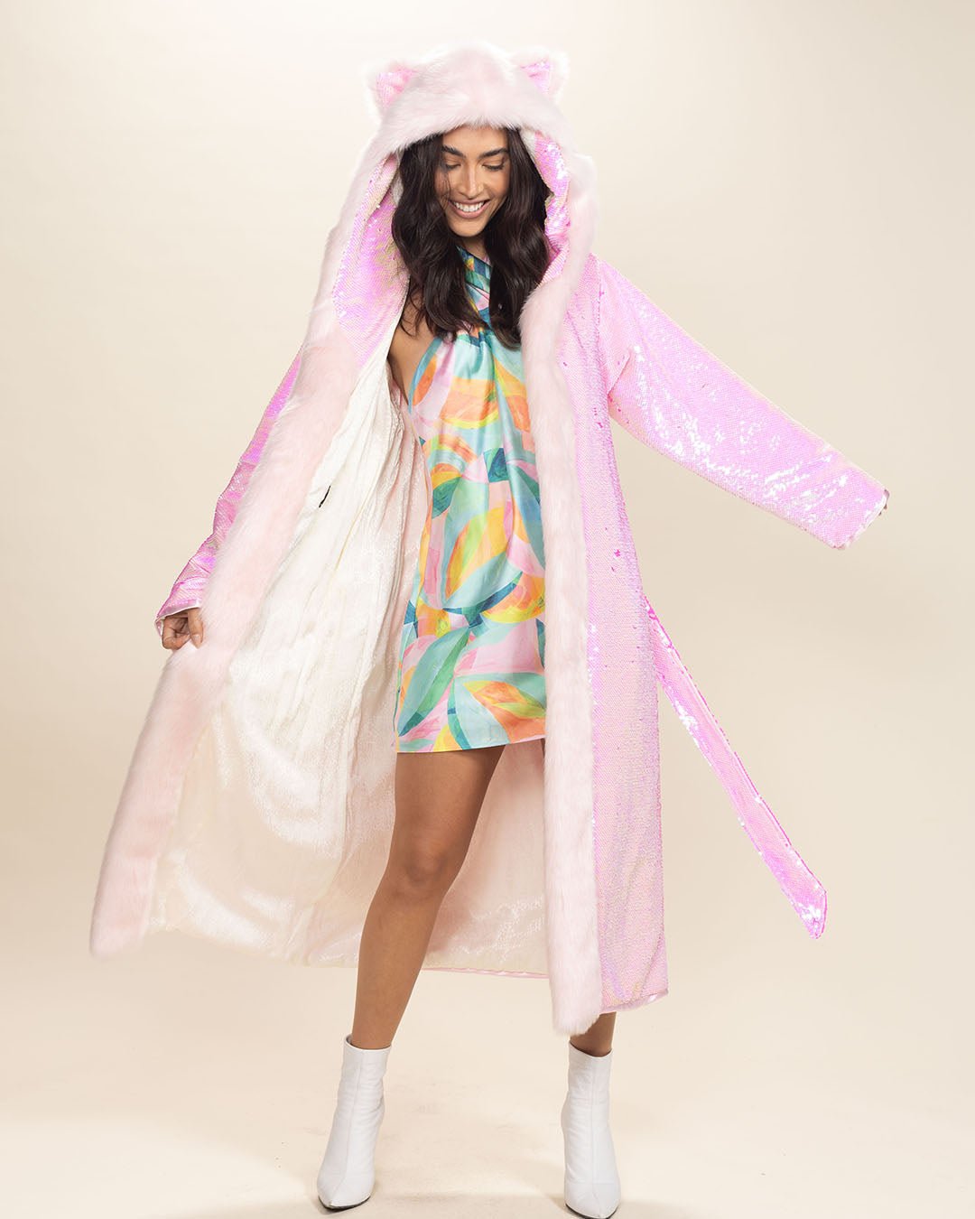 Classic Women's Long Sequin Coat | Pink Disco Cat