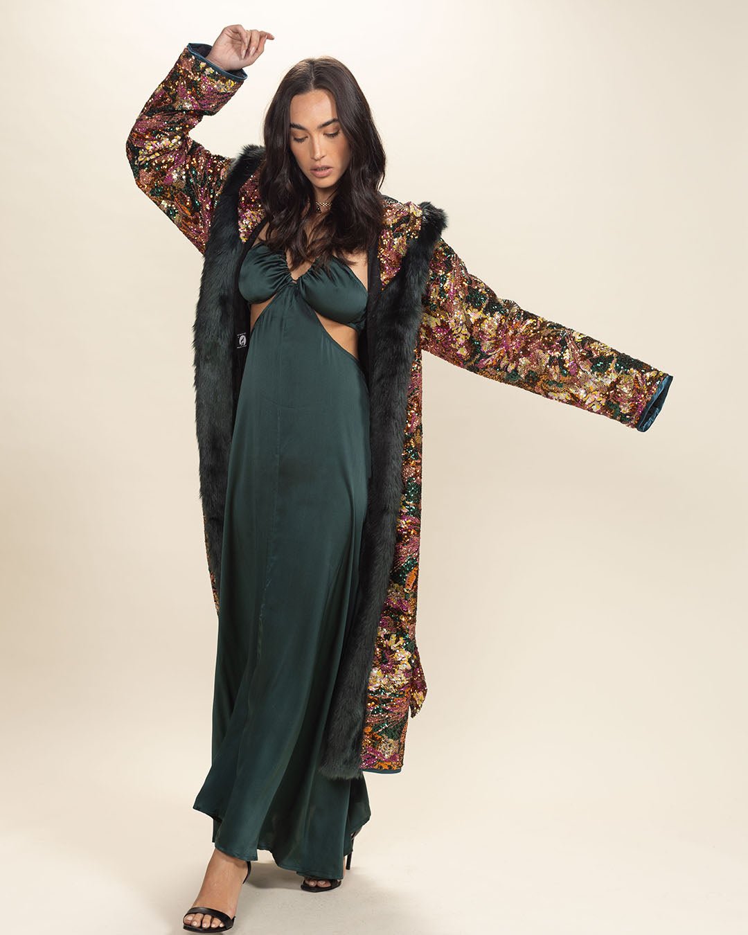 Classic Women's Long Sequin Coat | Oasis Emerald Green