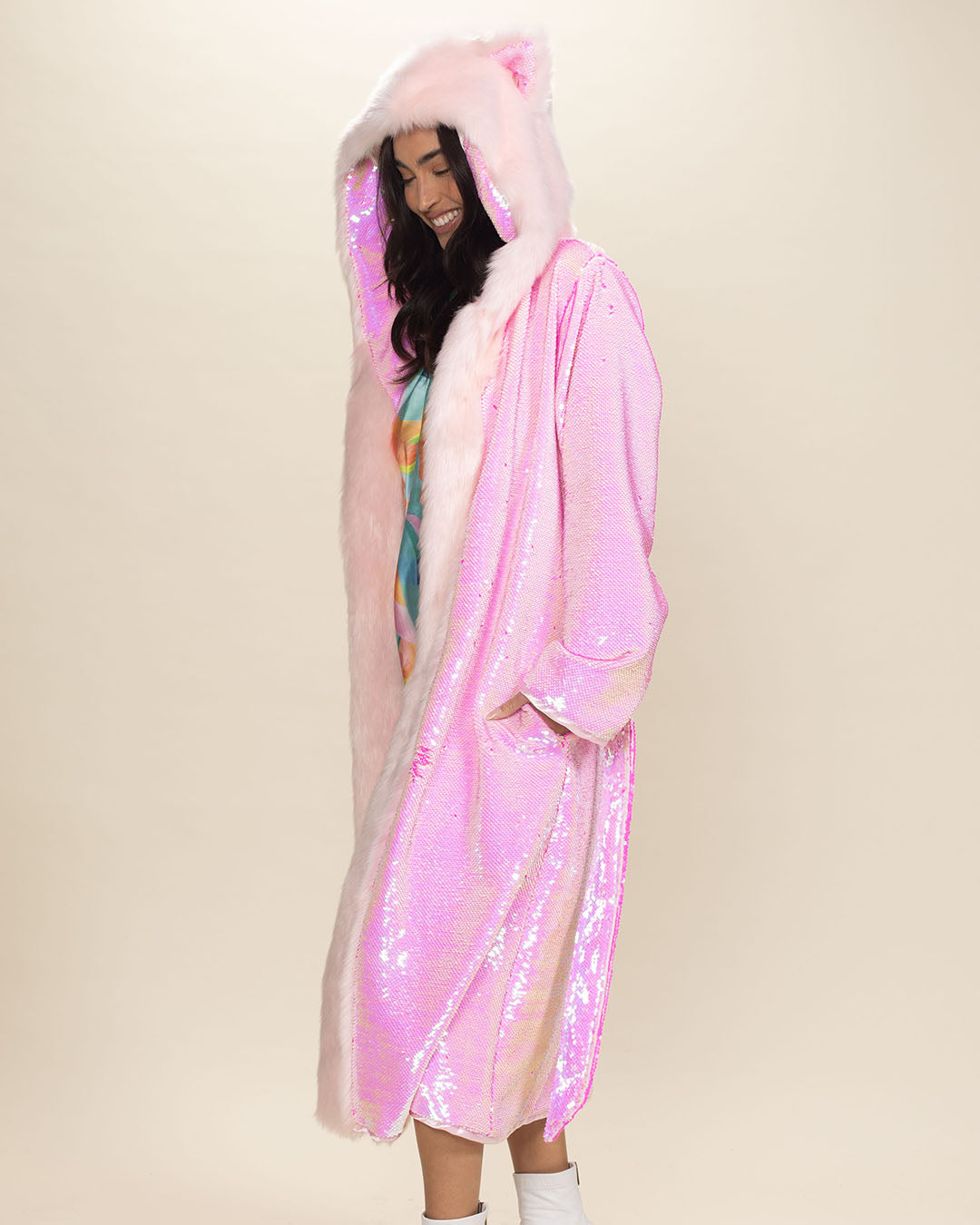 Classic Women's Long Sequin Coat | Pink Disco Cat