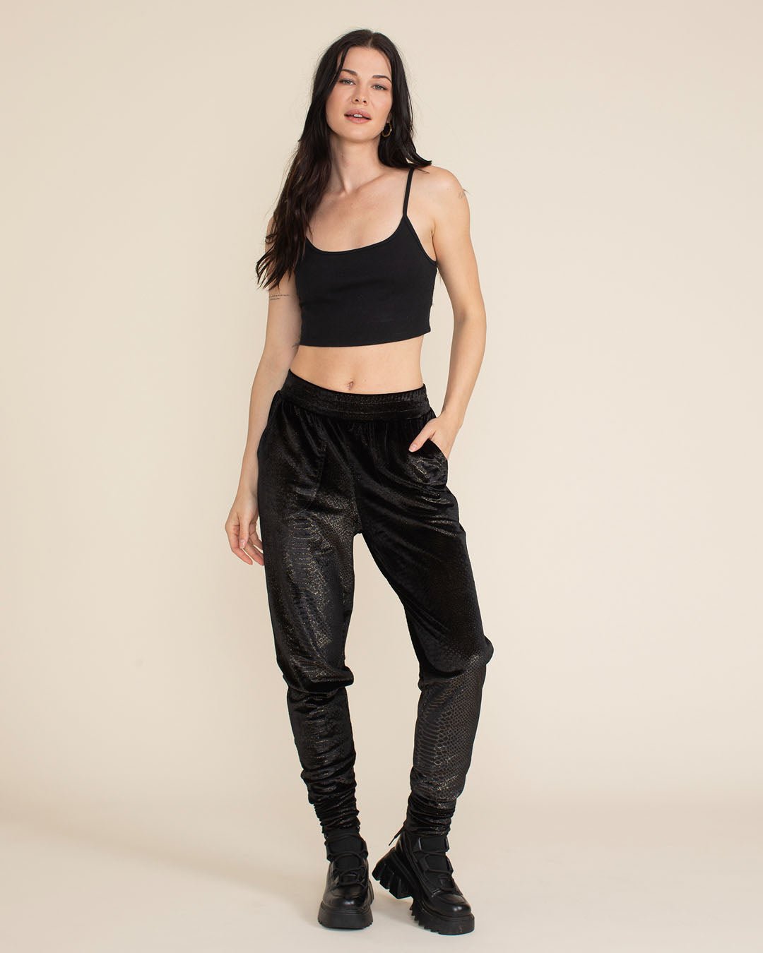 Black Snakeskin Velvet Slim Jogger | Women's