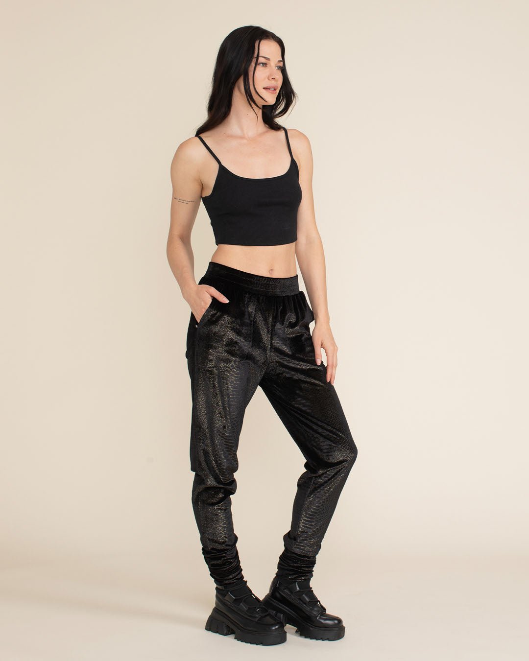 Black Snakeskin Velvet Slim Jogger | Women's