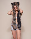 Woman wearing Dire Wolf Faux Fur Hood, front view 3