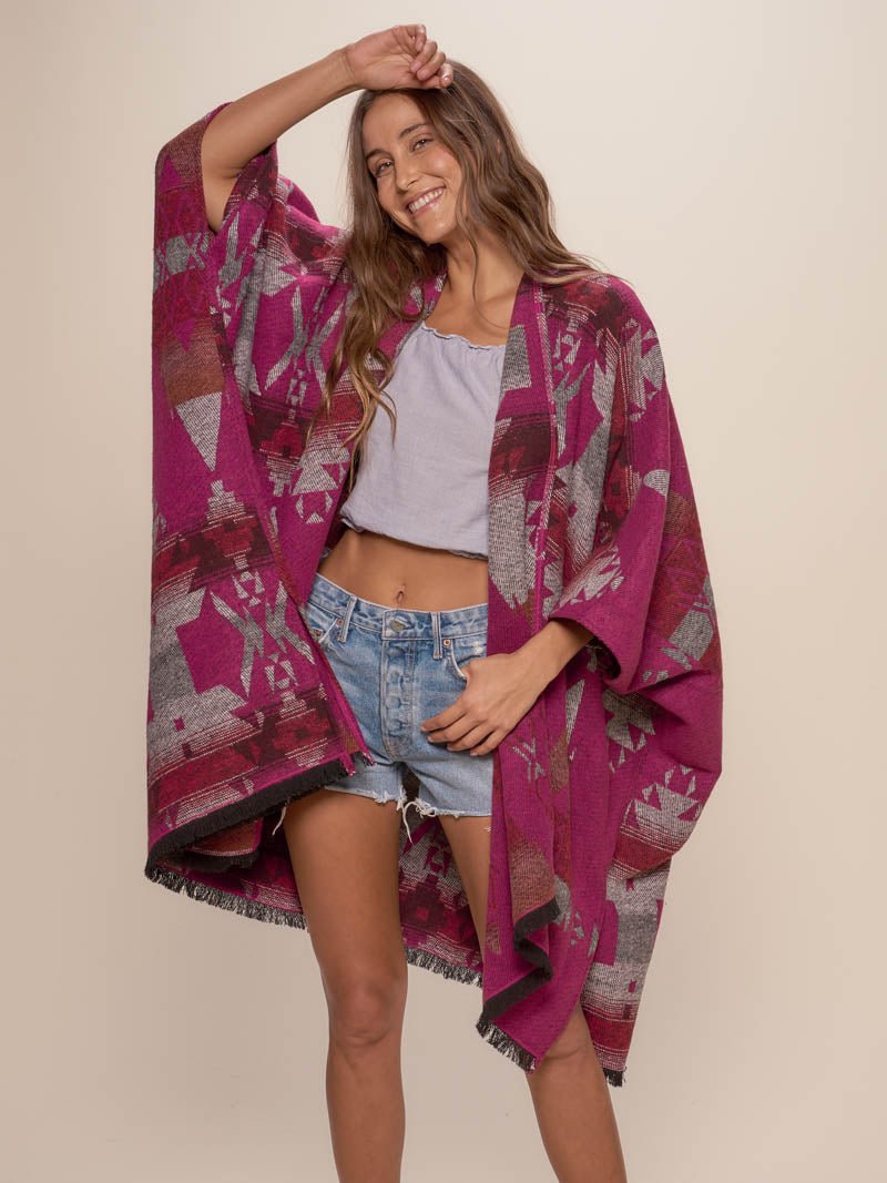 Woman wearing Grey Fox Fabric Poncho