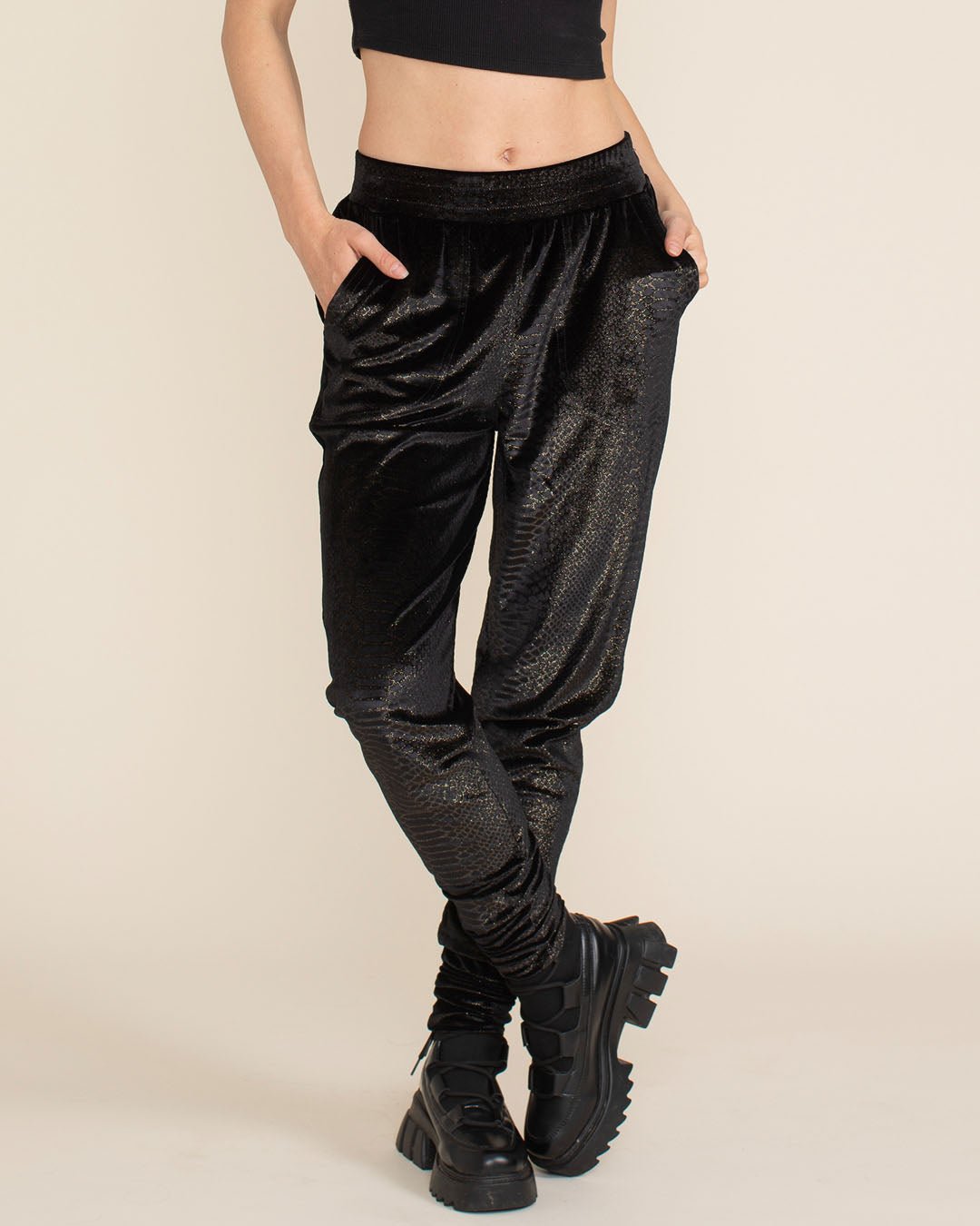 Black Snakeskin Velvet Slim Jogger | Women's