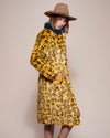 Woman Wearing Yellow Cheetah Calf Length Faux Fur Coat 