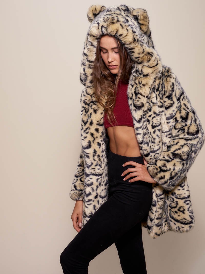 Woman wearing Classic Ocelot Luxe Faux Fur SpiritHood Coat