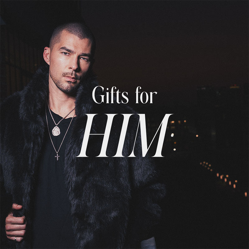 Man wearing a black faux fur coat, text saying Gifts for Him.