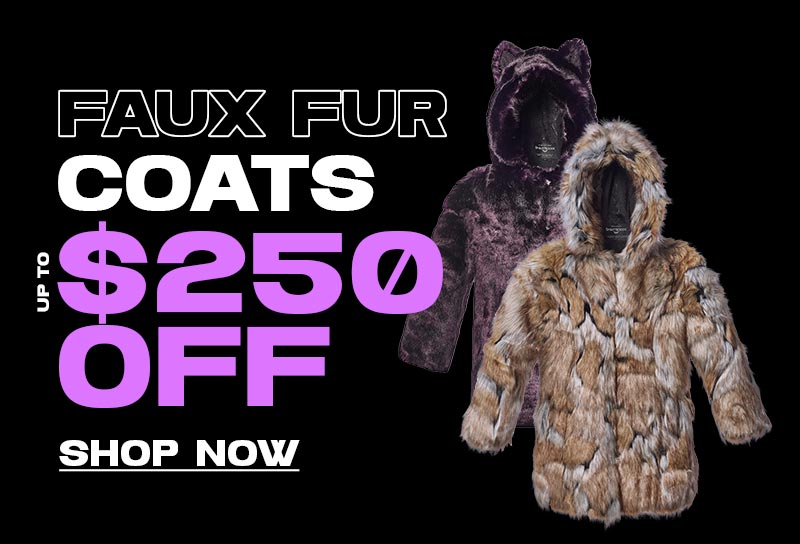 Faux Fur Coats up to $250 Off Shop Now with Midnight Wolf Purple Coat and Brown Wolverine Coat