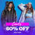 Man and woman wearing faux fur coats on a blue background with text that says Coats up to 60% Off Shop Now