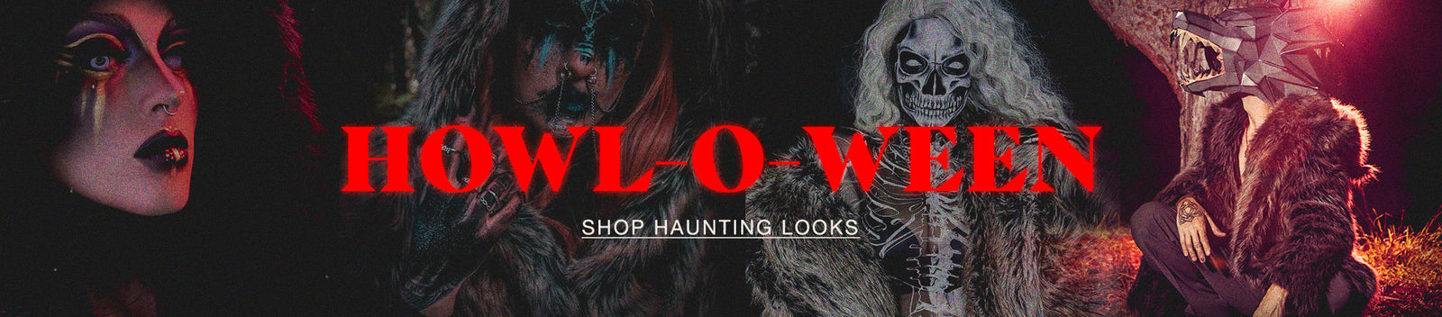 Banner image showing multiple people in halloween costumes with red text HOWL-O-WEEN shop haunting looks