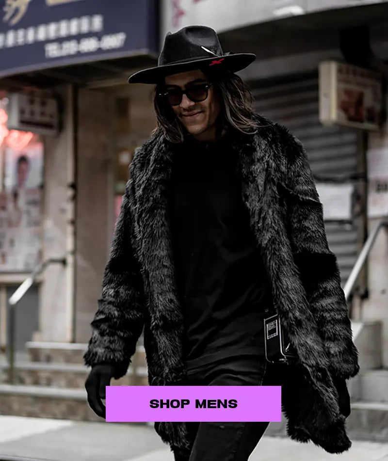 Man with long hair wearing black hat and black faux fur panther coat