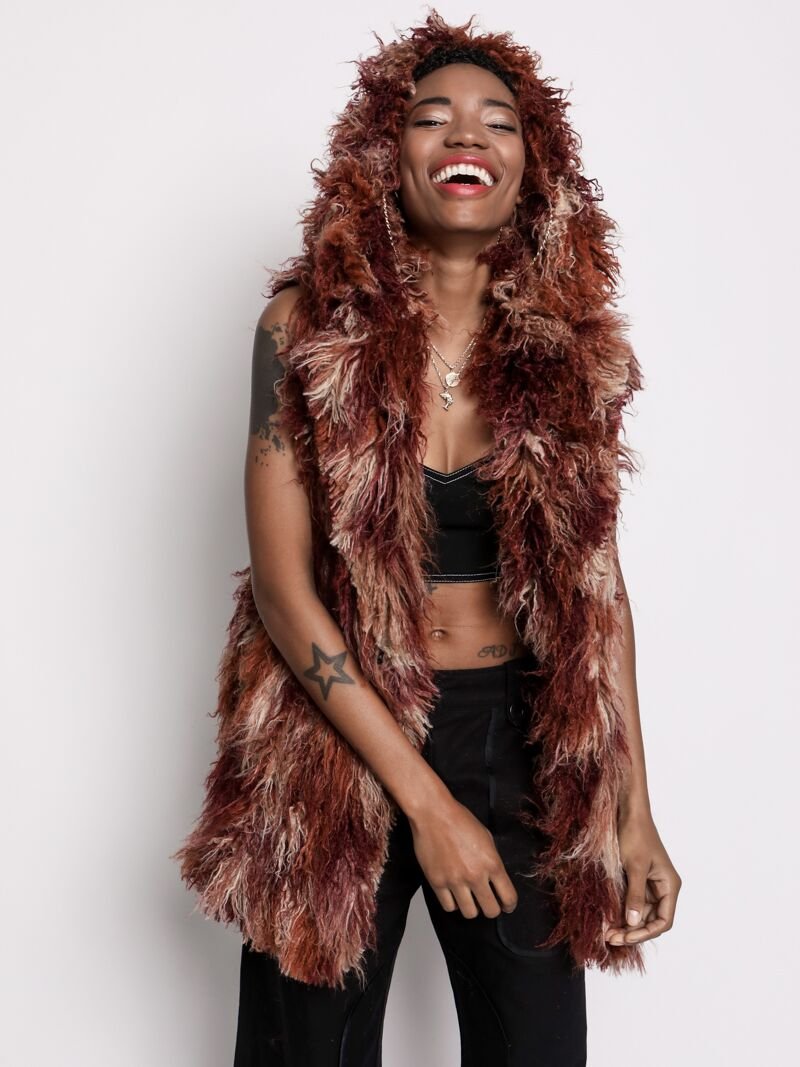 Woman Wearing Merlot Alpaca Faux Fur Vest 