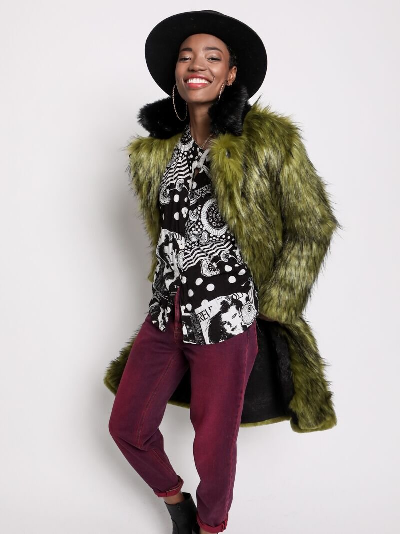 Jade Fox Faux Fur Collared Calf Length Coat 