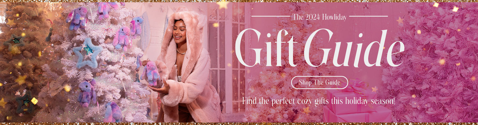 Colorful image with white Christmas tree, pink bunny ornaments, and a woman wearing a light pink faux fur house robe with text that says Gift Guide Shop Now