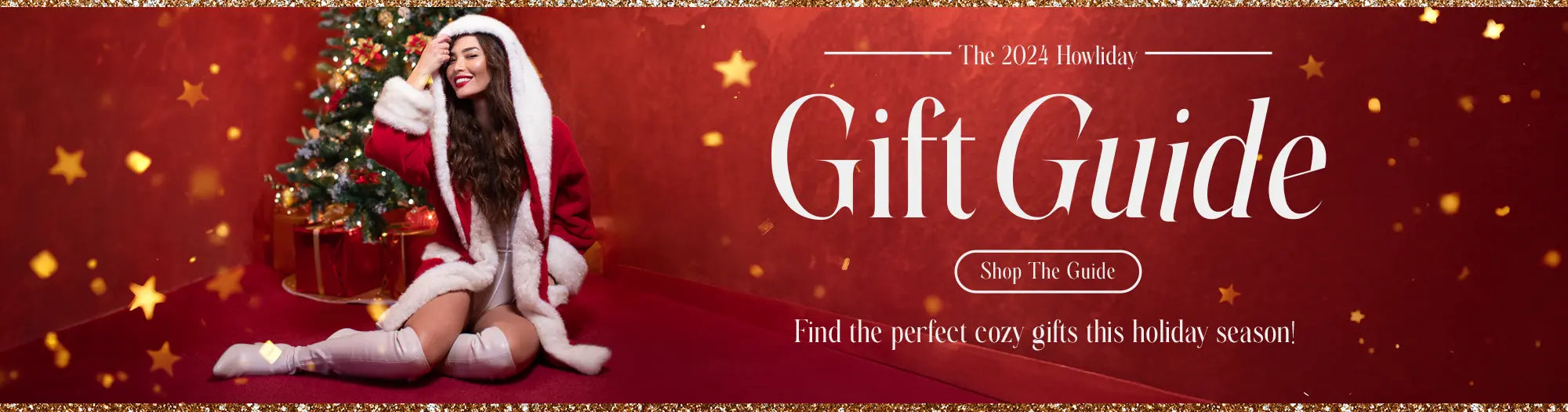 Red banner with a woman wearing a Santa faux fur bath robe in front of a Christmas tree and text that says GIFT GUIDE