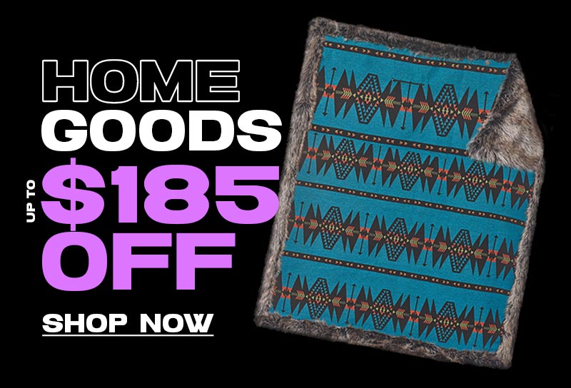 Home Goods up to $185 Off Shop Now with a grey wolf faux fur throw that has blue aztec print