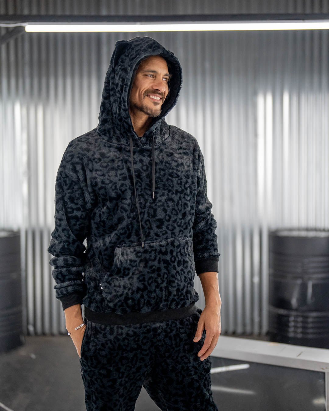 Classic Men's Fur Hoodie | Slate Black Leopard