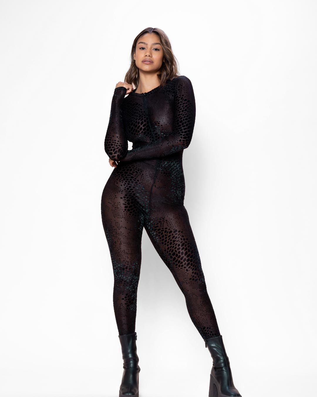 Women's Black Full Bodysuit | Black Snakeskin