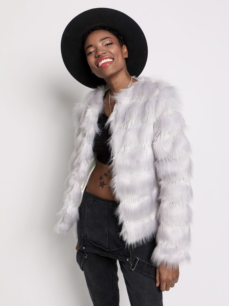 Female Wearing Tundra Fox Faux Fur Bomber 