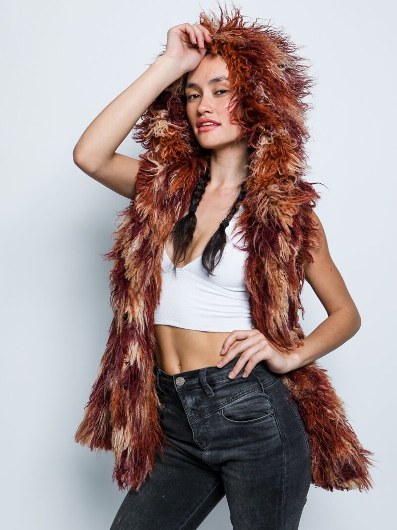 Hooded Faux Fur Vest with Merlot Alpaca Design